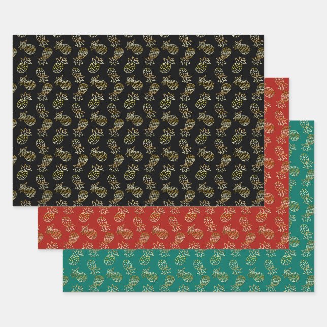 Gold Glitter Pineapple Tropical Christmas Wrapping Paper Sheets (Set)