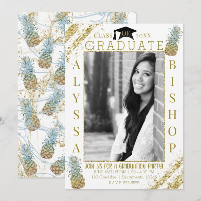 Gold Glitter Pineapples Photo Graduation Graduate Invitation (Front/Back)