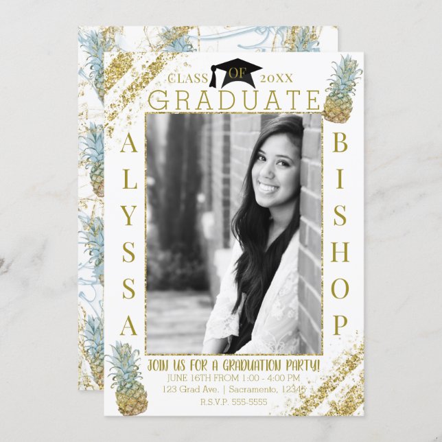 Gold Glitter Pineapples Photo Graduation Graduate Invitation (Front/Back)