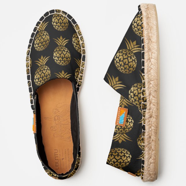 Gold Glitter Pineapples Tropical Black Espadrilles (Side)