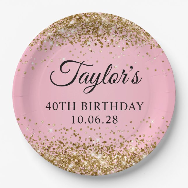 Gold Glitter Pink 40th Birthday Paper Plates (Front)