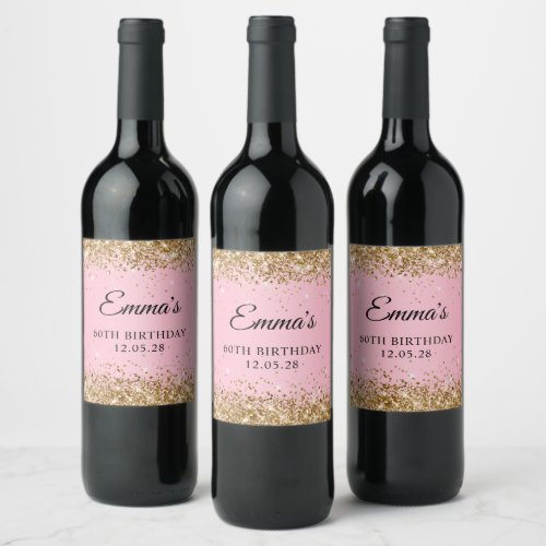 Gold Glitter Pink 60th Birthday Wine Label