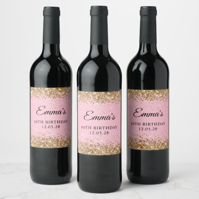 Gold Glitter Pink 60th Birthday Wine Label (Bottles)