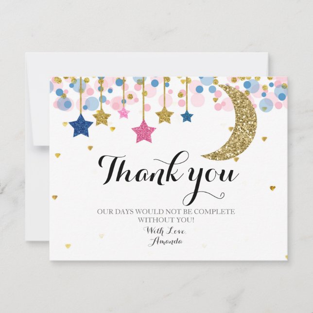 Gold glitter pink and blue moon Thank you card (Front)