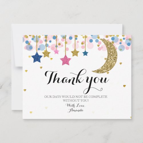 Gold glitter pink and blue moon Thank you card