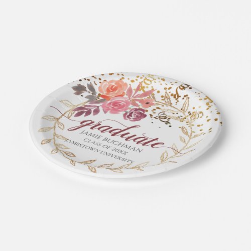 Gold Glitter Pink And Marsala Floral Grad Party Paper Plates