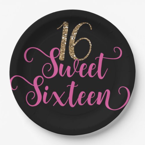 Gold Glitter Pink Black Sweet 16 Birthday Party  Paper Plates