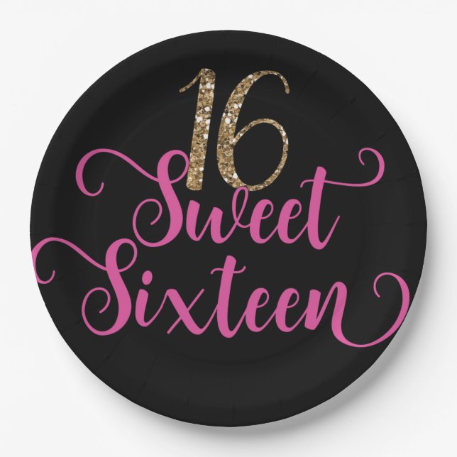 Gold Glitter Pink Black Sweet 16 Birthday Party  Paper Plates (Front)