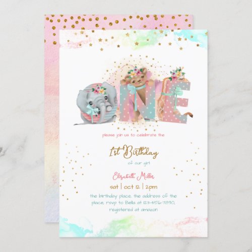 Gold Glitter Pink Blue Baby Girl First Birthday Invitation