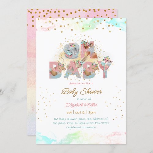 Gold Glitter Pink Blue Lovely Girl Baby Shower Invitation