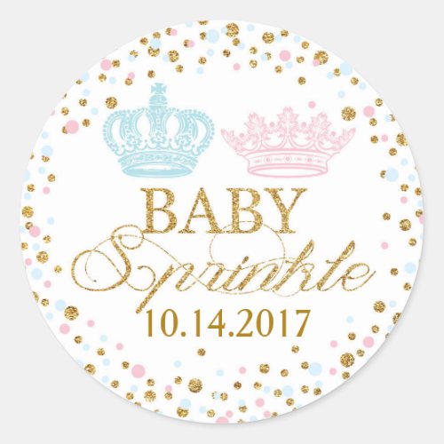 Gold Glitter Pink Blue Royal Twins Baby Shower Classic Round Sticker