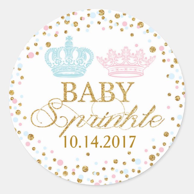 Gold Glitter Pink Blue Royal Twins Baby Shower Classic Round Sticker (Front)