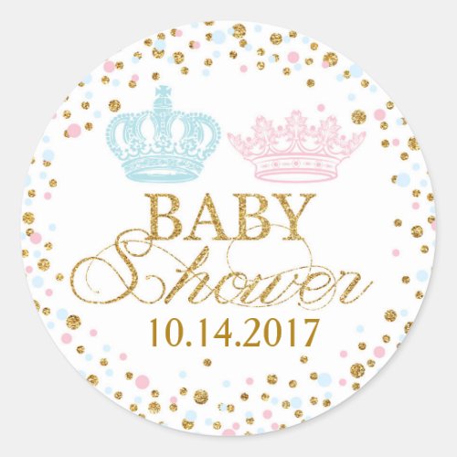 Gold Glitter Pink Blue Royal Twins Baby Shower Classic Round Sticker