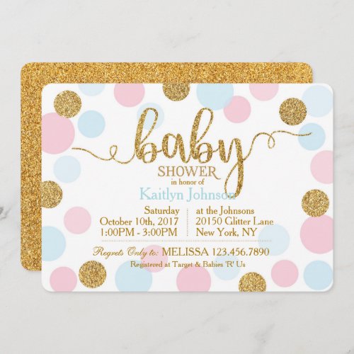 Gold Glitter Pink Blue Scattered Dots Baby Shower Invitation