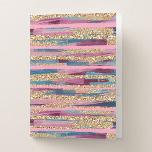 Gold Glitter, Pink & Blue Striped Pocket Folder