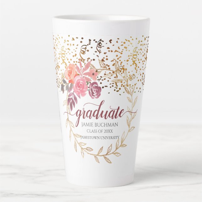 Gold Glitter Pink Blush Marsala Floral Graduate Latte Mug (Front)
