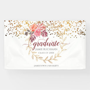 Gold Glitter Pink Blush Marsala Floral Graduation Banner