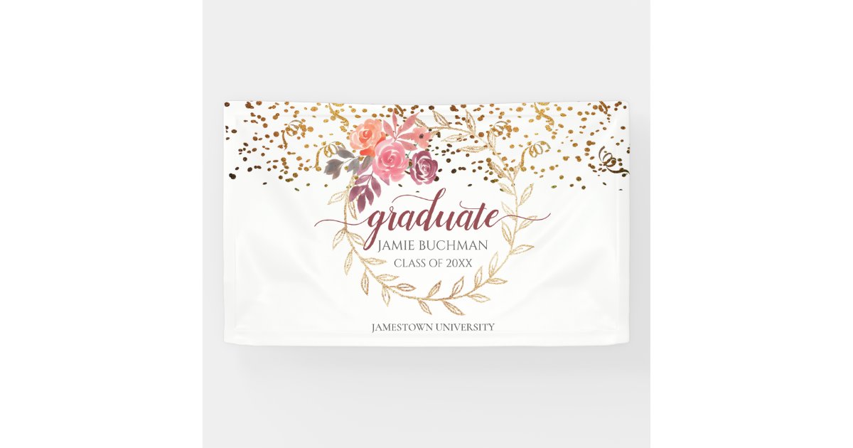 Gold Glitter Pink Blush Marsala Floral Graduation Banner | Zazzle