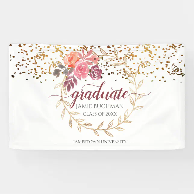 Gold Glitter Pink Blush Marsala Floral Graduation Banner | Zazzle