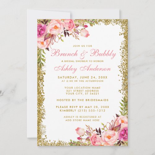 Gold Glitter Pink Bridal Shower Brunch Invite