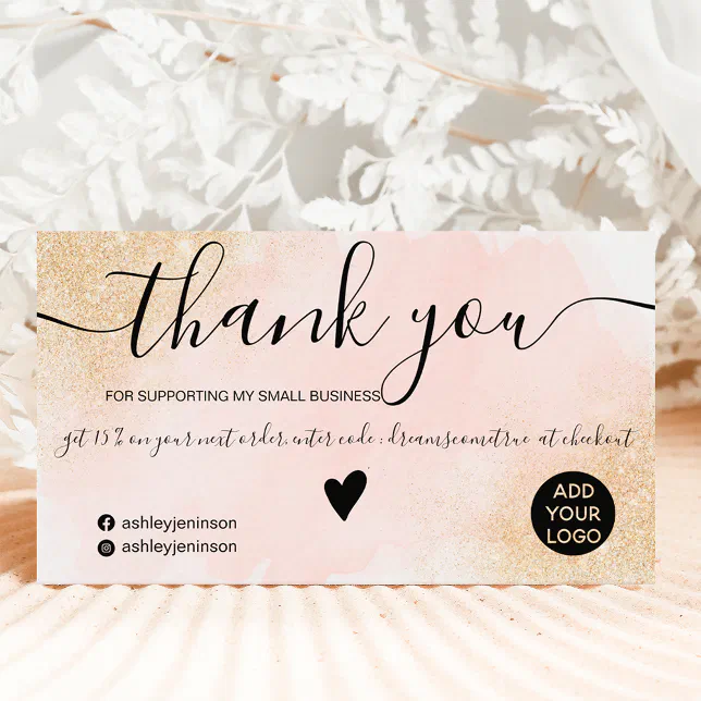 Gold glitter pink brushstroke order thank you business card | Zazzle