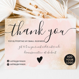 Gold glitter pink brushstroke order thank you card