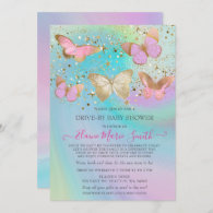 Gold Glitter Pink Butterflies Drive By Baby Shower Invitation