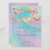 Gold Glitter Pink Butterflies Drive By Baby Shower Invitation
