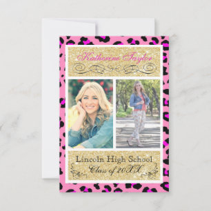 Gold Glitter Pink Cheetah 3x5 Grad Announcement