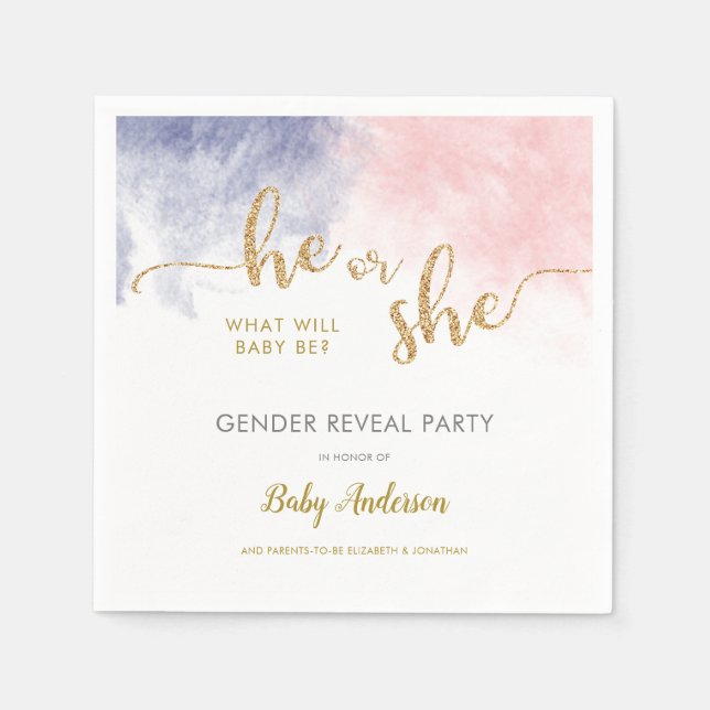 Gold Glitter Pink & Dark Blue Gender Reveal Napkins (Front)
