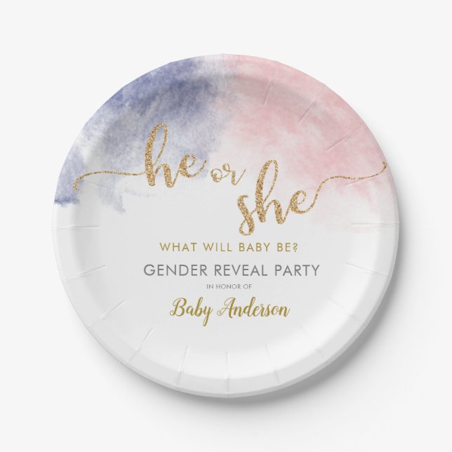 Gold Glitter Pink & Dark Blue Gender Reveal Paper Plates (Front)