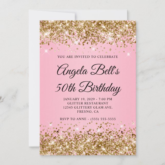 Gold Glitter Pink Fancy Monogram 50th Birthday Invitation (Front)