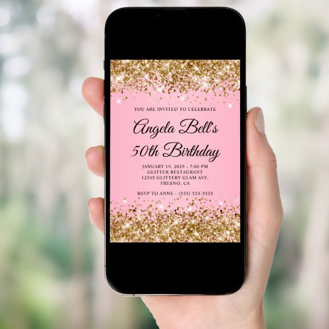 Gold Glitter Pink Fancy Monogram 50th Birthday Invitation (Front Digital)