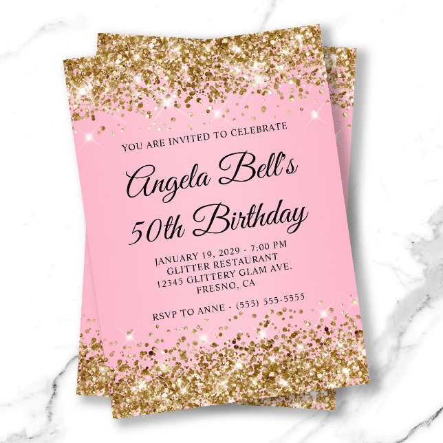 Gold Glitter Pink Fancy Monogram 50th Birthday Invitation (Gold Glitter Pink Fancy Monogram 50th Birthday Invitation)