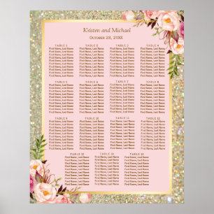 Gold Glitter Pink Floral 15 Tables Seating Chart
