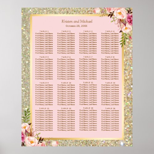 Gold Glitter Pink Floral 16 Tables Seating Chart