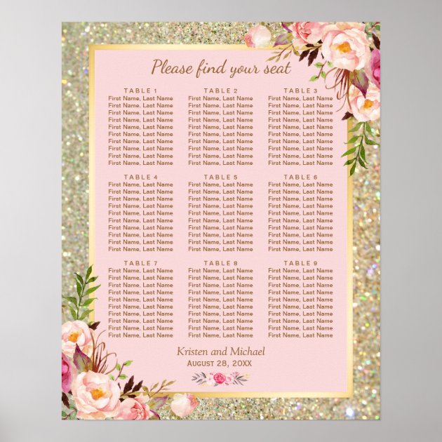 Gold Glitter Pink Floral 9 Tables Seating Chart