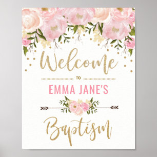 Gold Glitter Pink Floral Baptism Welcome Sign