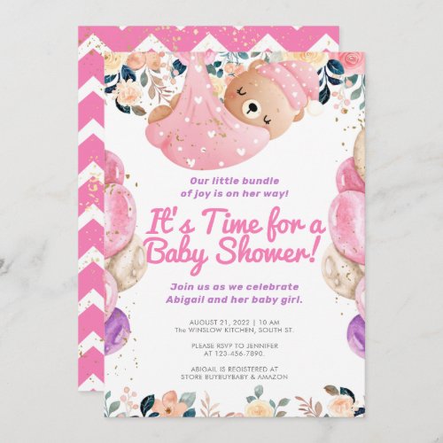 Gold Glitter Pink Floral Bear Girl Baby Shower Invitation