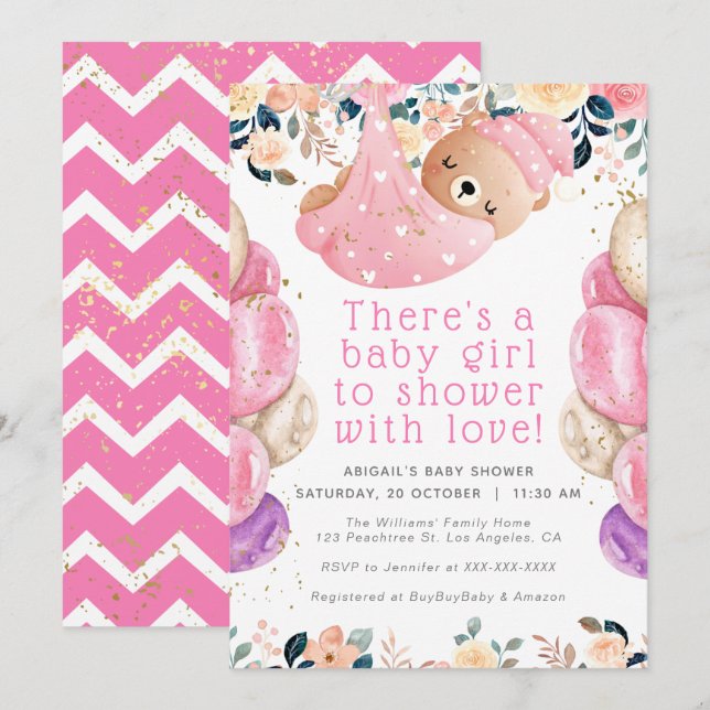 Gold Glitter Pink Floral Bear Girl Baby Shower Invitation (Front/Back)