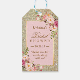 Gold Glitter Pink Floral Bridal Shower Thank You Gift Tags