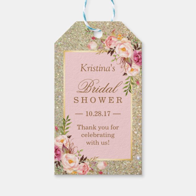 Gold Glitter Pink Floral Bridal Shower Thank You Gift Tags