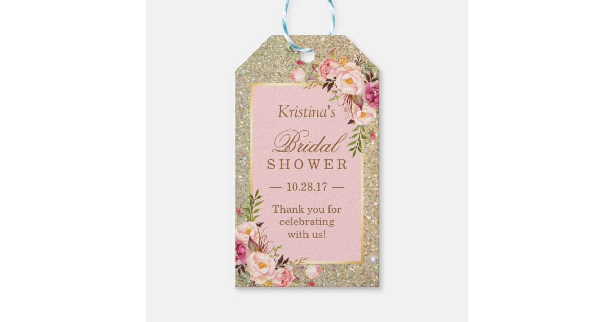 Gold Glitter Pink Floral Bridal Shower Thank You Gift Tags | Zazzle