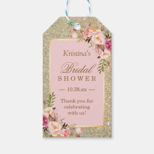 Gold Glitter Pink Floral Bridal Shower Thank You Gift Tags