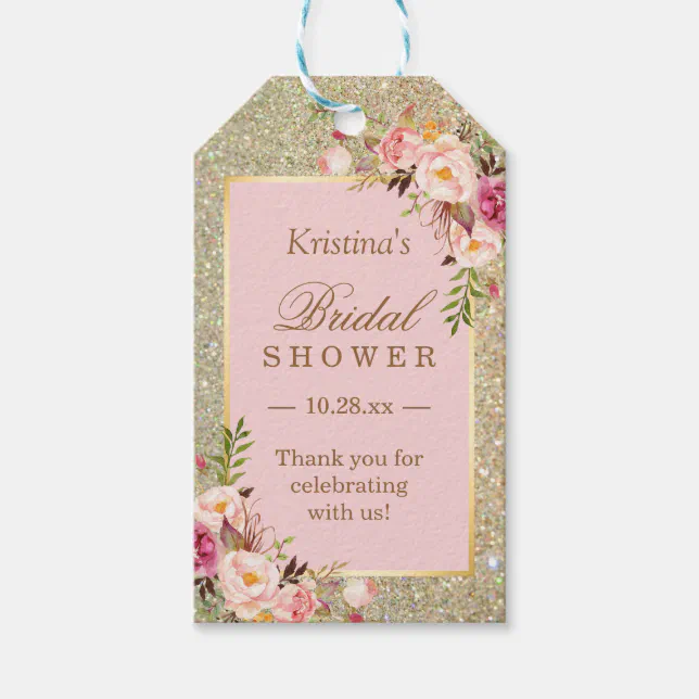 Gold Glitter Pink Floral Bridal Shower Thank You Gift Tags | Zazzle