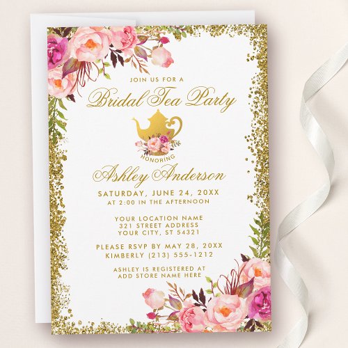 Gold Glitter Pink Floral Bridal Tea Party Invite