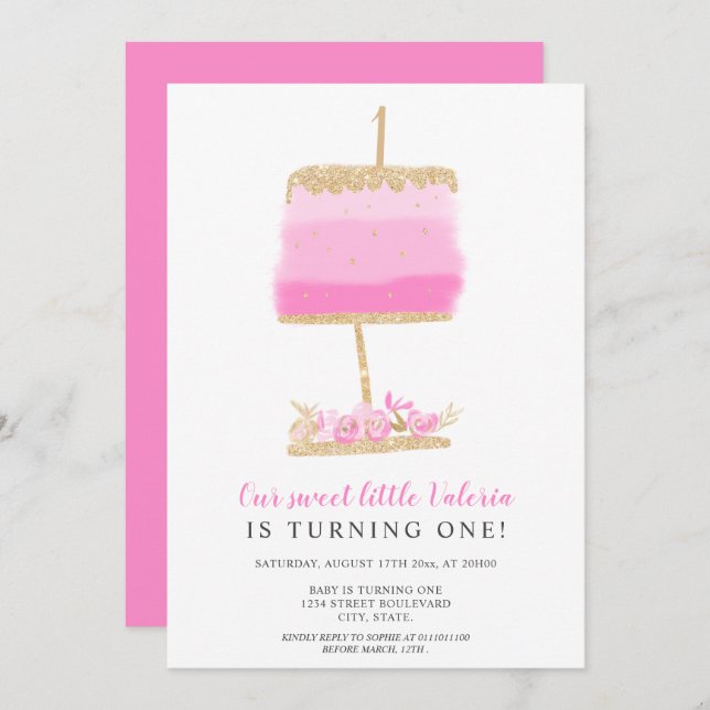 Gold glitter pink floral cake first birthday invitation (Front/Back)