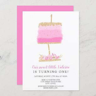 Gold glitter pink floral cake first birthday invitation