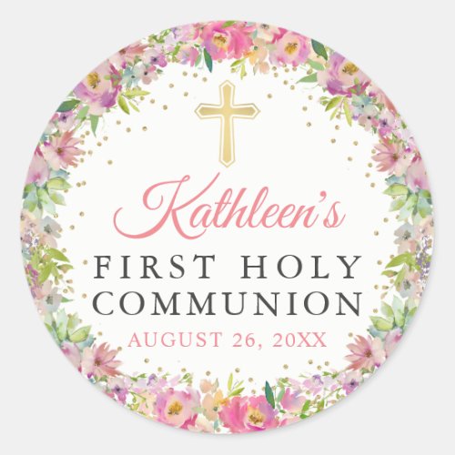 Gold Glitter Pink Floral First Holy Communion Classic Round Sticker
