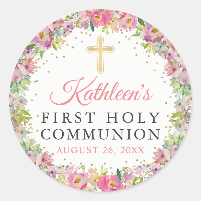 Gold Glitter Pink Floral First Holy Communion Classic Round Sticker ...